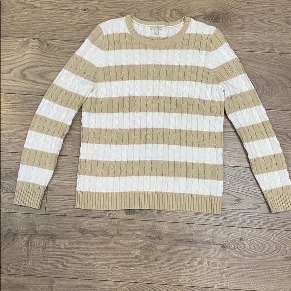 100% cotton Talbots Tan and White Striped Cable Knit Sweater, EUC size M - Picture 5 of 8